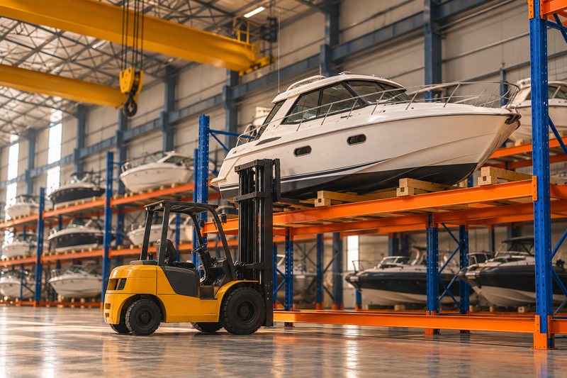 Boat being placed on a rack by forklift inside the Rafmarin indoor facility